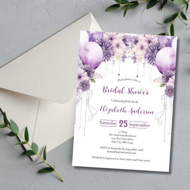 Lila Balloons Wasserfarbe Florals Brautparty Einladung (Purple Balloons and Flowers Arch Bridal Shower Invitation. Watercolor Elegant)