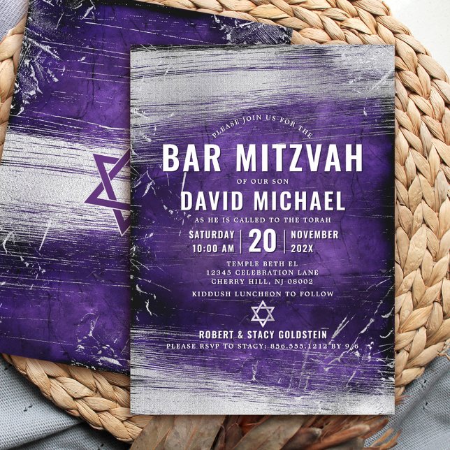 Lila Bar Mitzvah kühne moderne Art Silberfolie Einladung (Von Creator hochgeladen)