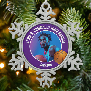 Lila Basketballspieler-Foto-Andenken-Geschenk Schneeflocken Zinn-Ornament