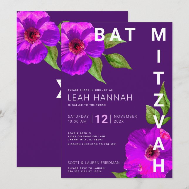 Lila Bat Mitzvah Moderne rosa Blumenfarbe Einladung (Vorne/Hinten)
