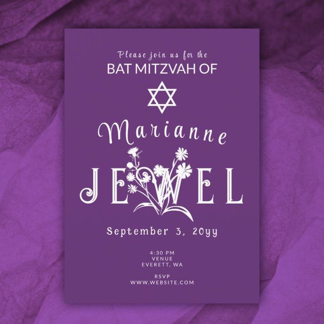 Lila Bat Mitzvah Wild Blume Letters Einladung (plum purple floral bat mitzvah party invitations botanical wild flowers spring summer springtime)