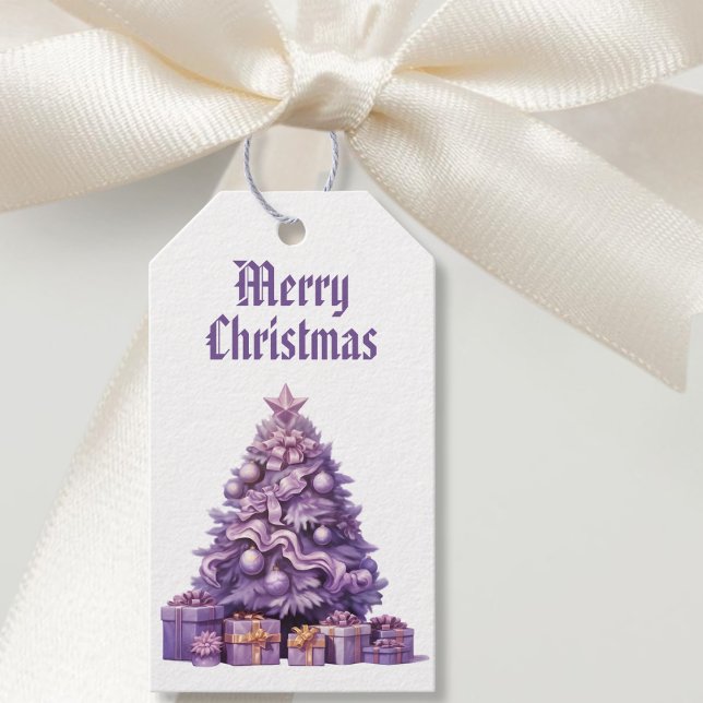 Lila Baum Nostalgic Frohe Weihnachten Geschenkanhänger (Purple tree Nostalgic Merry Christmas White Gift Tags)