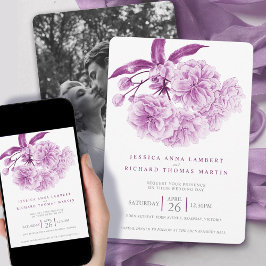 Lila Baumblüte Aquarell Foto Hochzeit Einladung
