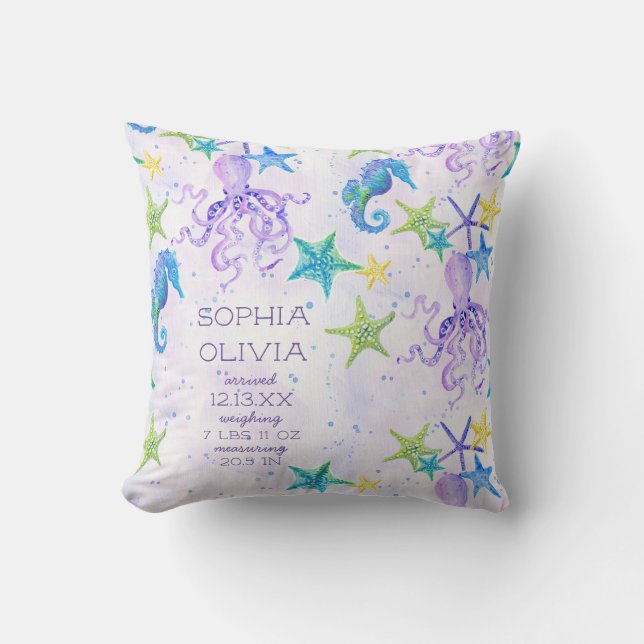 Lila Beach Octopus Seepferd Boy GirlBirth Stat Kissen (Vorderseite)