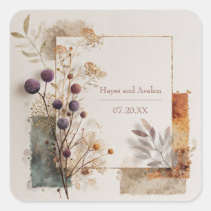Lila Beeren Botanischer Goldrahmen Moderne Hochzei Quadratischer Aufkleber