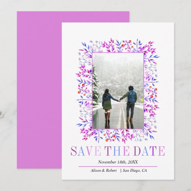 Lila Beeren und Blätter grenzen an die Winterhochz Save The Date (Vorne/Hinten)