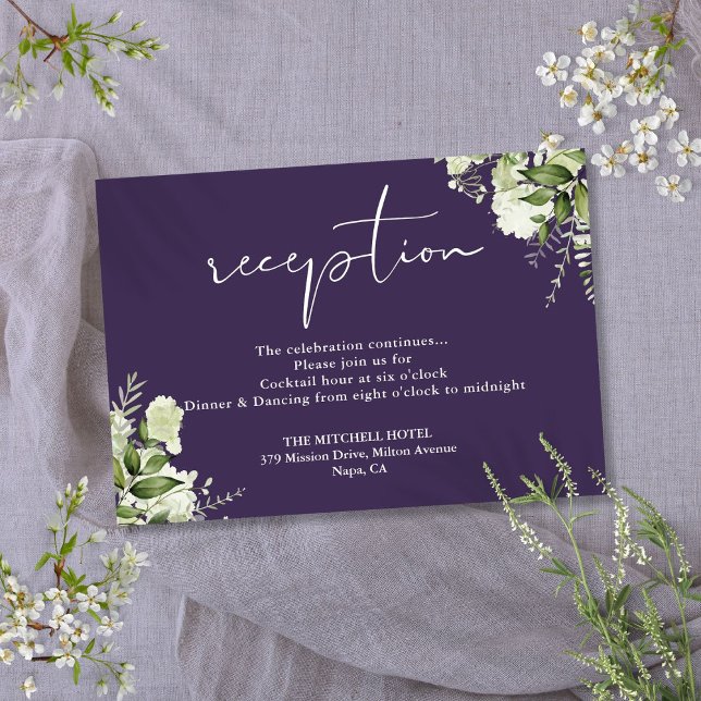 Lila Begrüßungsschrift Begleitkarte (Purple Greenery Script Wedding Reception Enclosure Card)