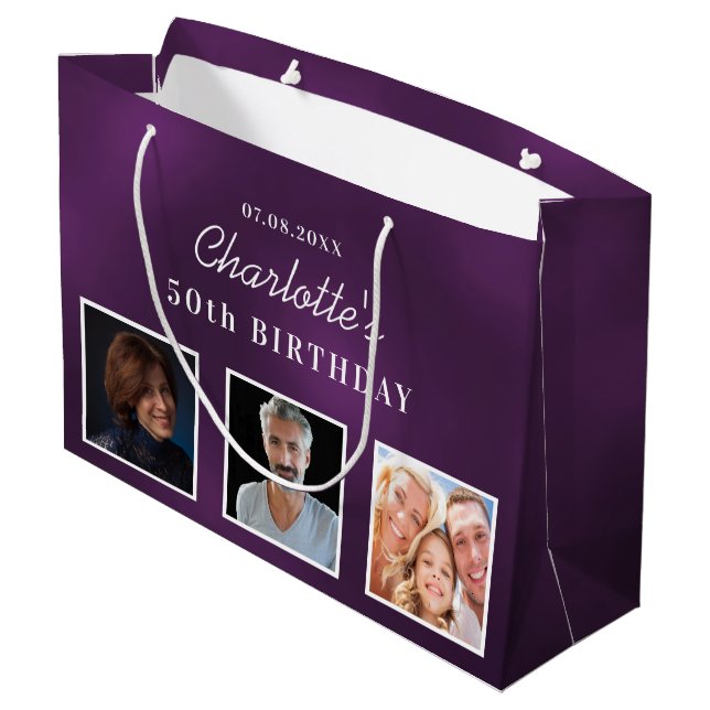 Lila benutzerdefiniertes Foto Große Geschenktüte (Rückseite Schrägansicht)
