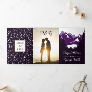 Lila Berge und Bäume Foto Winterhochzeit Dreifach Gefaltete Einladung