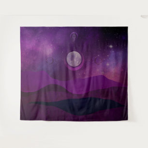 Lila Berge und Himmel mit Sternen & Vollmond Wandteppich