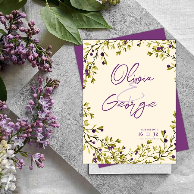 Lila Berry Greenery-Blätter Hochzeit Sichern Sie d Postkarte (Purple Berry Greenery Leaves Wedding Save the Date Postcard)