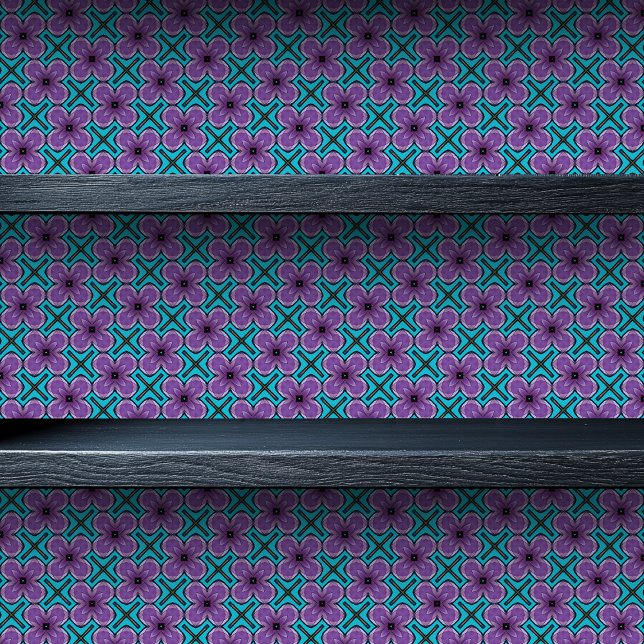 Lila beschichtete Blumen Tapete (Stained Glass Purple Flowers Small Print Wallpaper on Shelf)