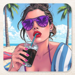 Lila Bikini, Sonnenbrille und Bandana Rechteckiger Pappuntersetzer