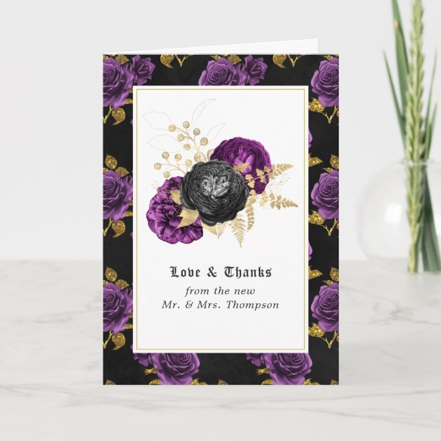 Lila, Black and Gold Floral Gothic Wedding Foto Dankeskarte (Vorderseite)