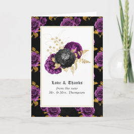 Lila, Black and Gold Floral Gothic Wedding Foto Dankeskarte