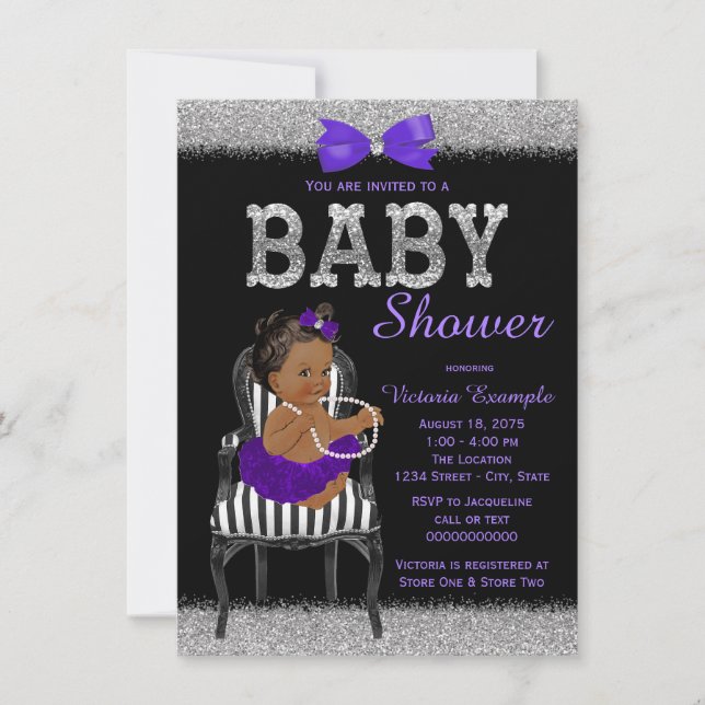 Lila Black and Silver Ethnic Girl Baby Dusche Einladung (Vorderseite)