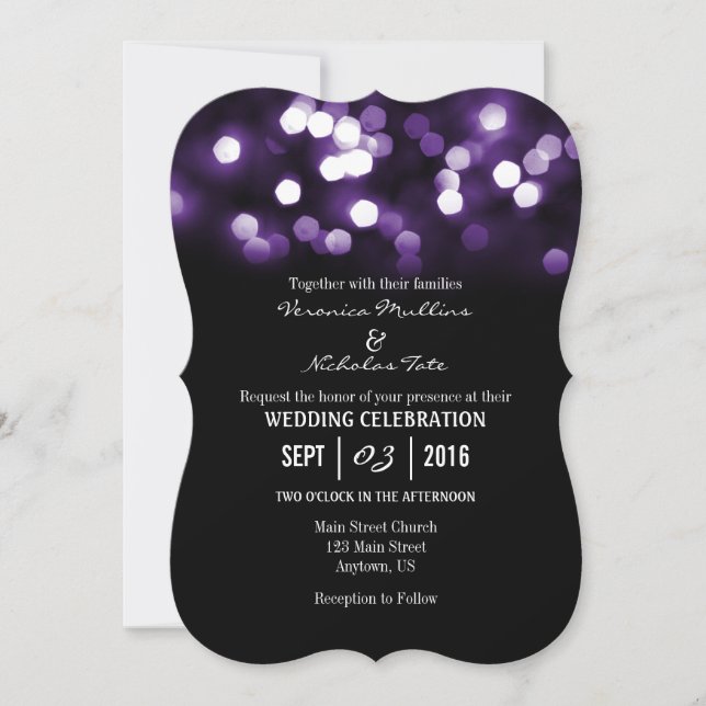 Lila Black Bokeh Glitzer Lights Hochzeit Einladung (Vorderseite)