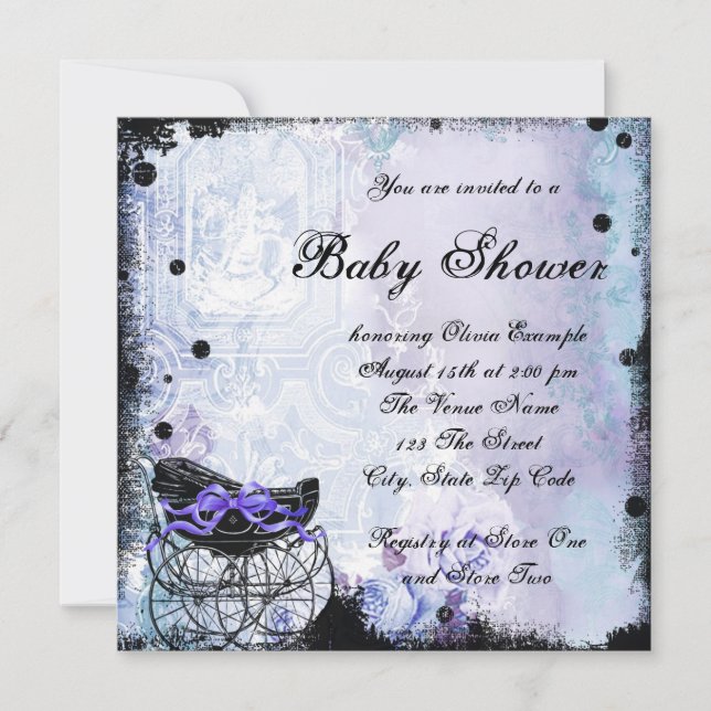 Lila Black Carriage Baby Shower Einladung (Vorderseite)