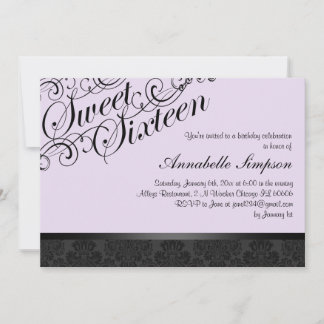 Lila & Black Chic Damask Sweet16 Einladung
