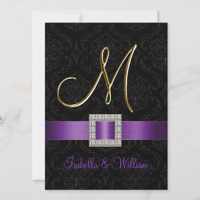 Lila Black Damask Gold Initial M Hochzeit Einladun Einladung (Vorderseite)