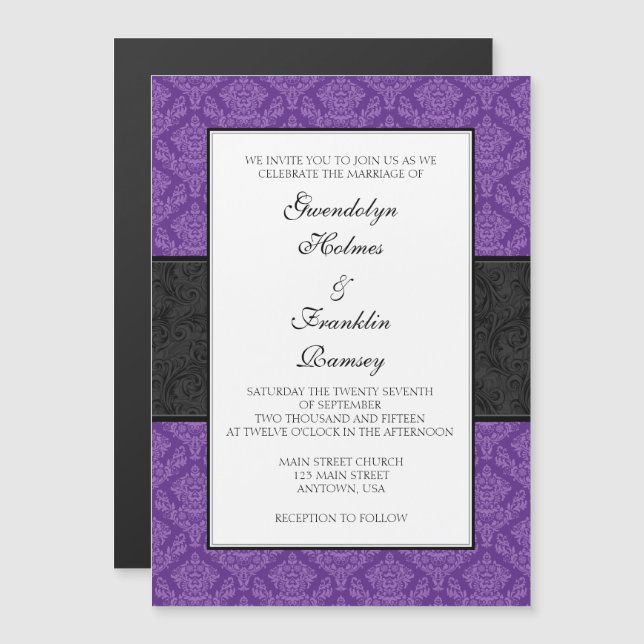 Lila Black Damask-Magnethochzeiten - Einladungen (Vorne/Hinten)