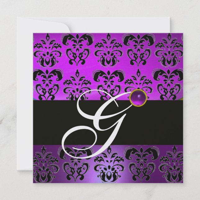 LILA BLACK DAMASK MONOGRAM AMETHYST WHITE ICE EINLADUNG (Vorderseite)