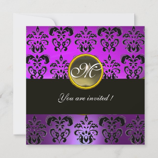 LILA BLACK DAMASK MONOGRAM, grau agieren Einladung (Vorderseite)