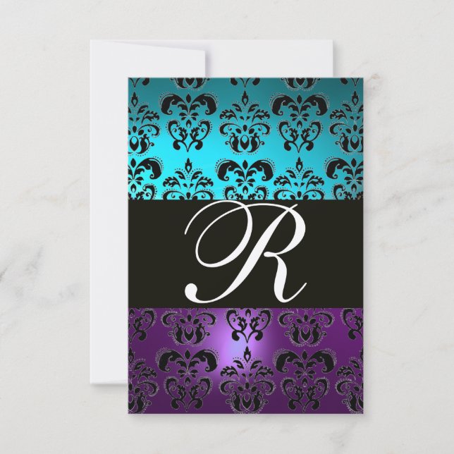 LILA BLACK DAMASK MONOGRAM-UAWG,blaue Turquase Einladung (Vorderseite)