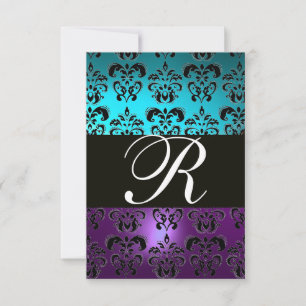 LILA BLACK DAMASK MONOGRAM-UAWG,blaue Turquase RSVP Karte