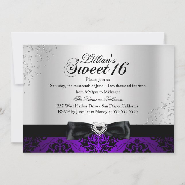 Lila Black Damask Sparkle Sweet 16 Einladung (Vorderseite)