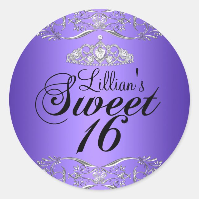 Lila Black Damask & Tiara Sweet 16 Sticker (Vorderseite)