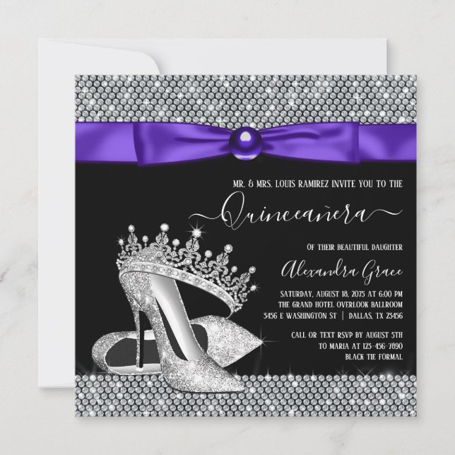 Lila Black Diamond Tiara Shoe Quinceanera Einladung (Vorderseite)