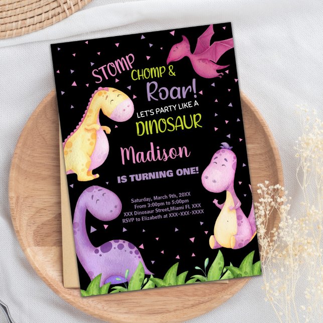 Lila Black Dinosaurier Geburtstagseinladungen Einladung (Purple Black Dinosaur Birthday Invitations)