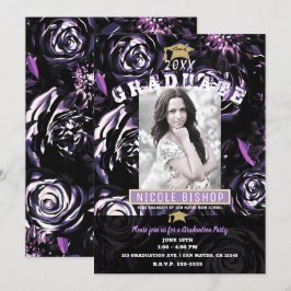 Lila Black Floral Glam Foto Graduation Party Einladung