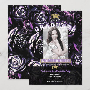 Lila Black Floral Glam Foto Graduation Party    Einladung