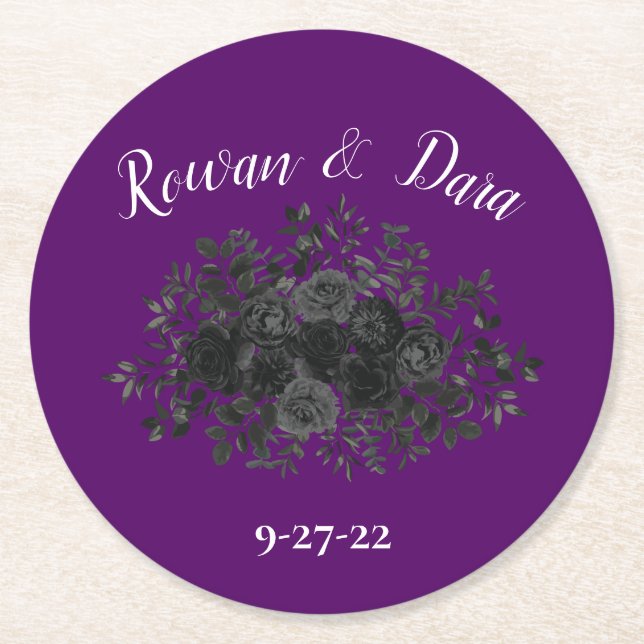 Lila Black Floral Wedding Gothic Runder Pappuntersetzer (Vorderseite)