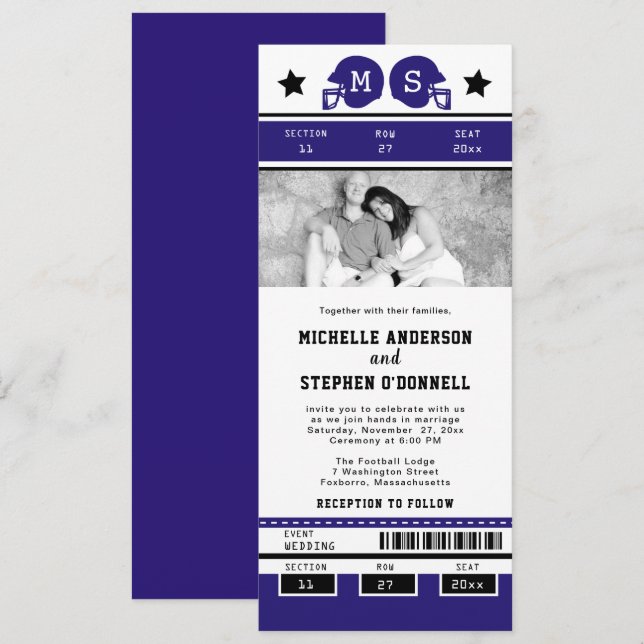 Lila Black Football Ticket Hochzeitsempfang Einladung (Vorne/Hinten)