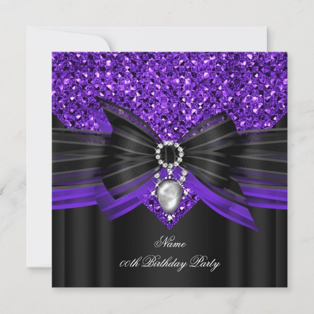 Lila Black Glitzer Birthday Party Diamond Einladung (Vorderseite)
