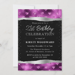 Lila & Black Glitzer Diamonds 21. Geburtstag Einladung