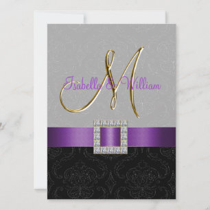 Lila Black Gray Damask Einladung zur Hochzeit
