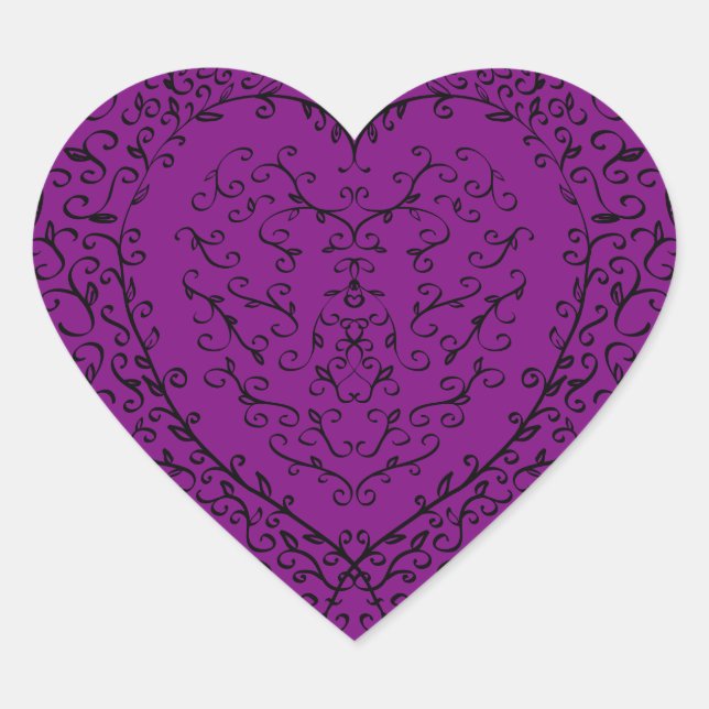 Lila Black Heart Gothic Wedding Elegante Herz-Aufkleber (Vorderseite)