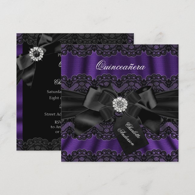 Lila Black Lace & Bow Quinceanera Party Einladung (Vorne/Hinten)
