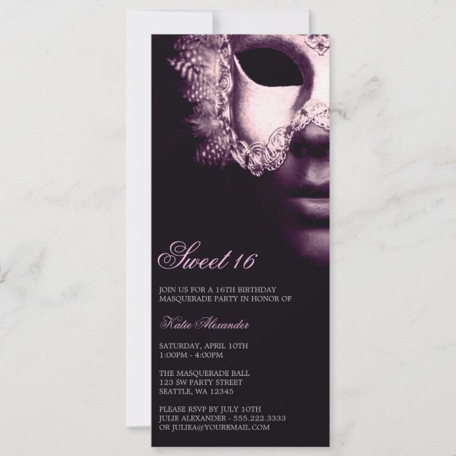 Lila Black Masquerade Sweet 16 Geburtstag Einladun Einladung (Vorderseite)