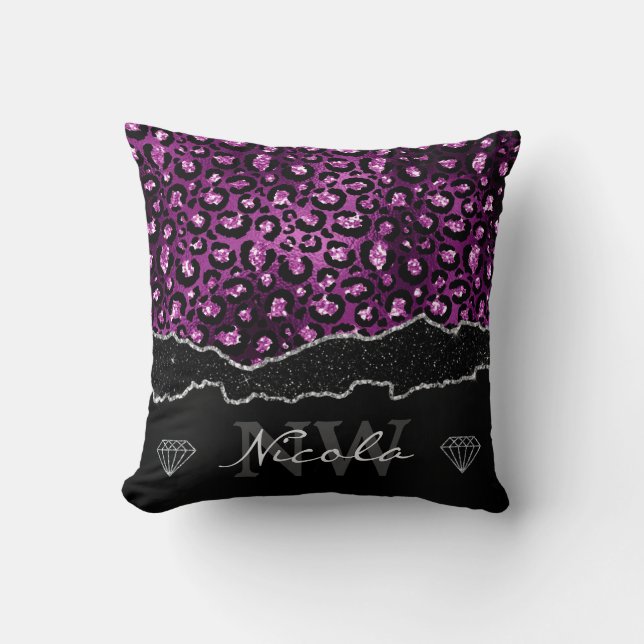 Lila- & Black Ombre Glam Glitzer Leopard Spots Kissen (Vorderseite)