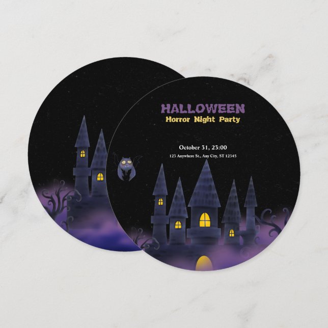 Lila Black Playful Fun Halloween ( sm. circle) Einladung (Vorne/Hinten)