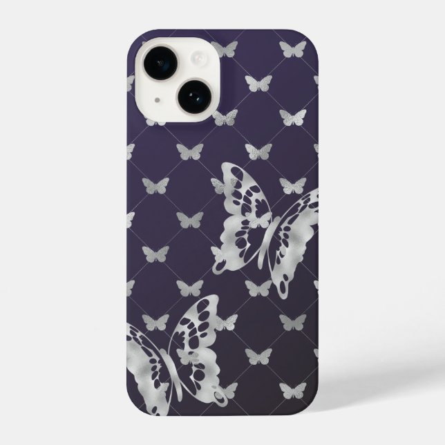 Lila Black Silver Butterflies iPhone 14 Hüllen Hülle (Rückseite)