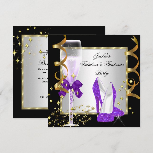 Lila Black Silver Women's Birthday Party Einladung (Vorne/Hinten)