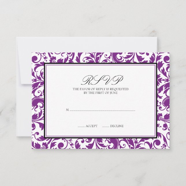 Lila Black Swirl Damask Wedding Response Card RSVP Karte (Vorderseite)