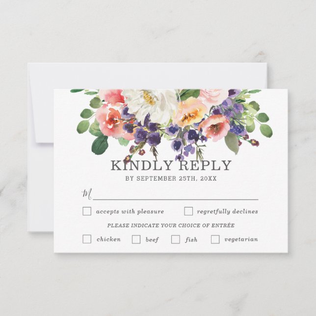 Lila, bläserne Hochzeitsmahlzeit RSVP Karte (Vorderseite)