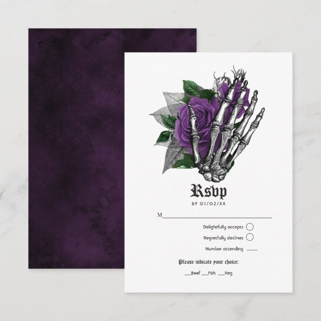 Lila Bläserskelettkundgebung Gothic Wedding RSVP Karte (Vorne/Hinten)